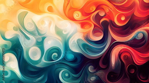 A vibrant abstract painting with swirling, colorful patterns in shades of red, orange, yellow, blue, and purple. photo