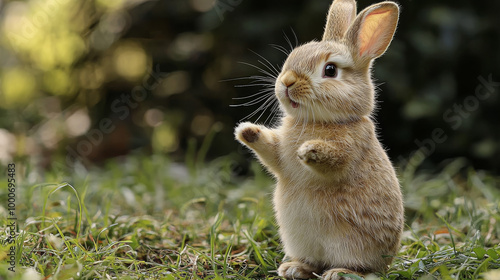 Cute bunny rabbit standing on its hind legs in green grass.