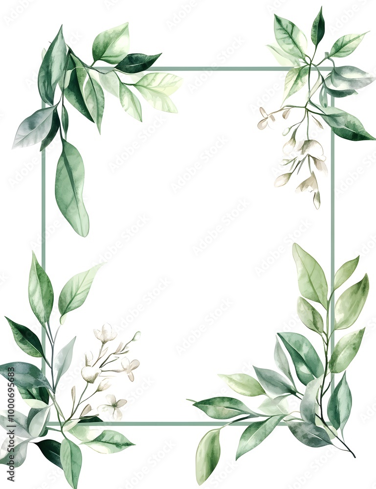 Watercolor square frame with a white background, light green leaves and flowers, vector illustration, white isolated background, Watercolor square frame with a white background, light green leaves and flowers, vector illustration, white isolated background,