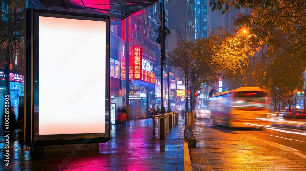 A blank advertising billboard at night on a busy urban street with colorful lights and traffic. A blank advertising billboard at night on a busy urban street with colorful lights and traffic.