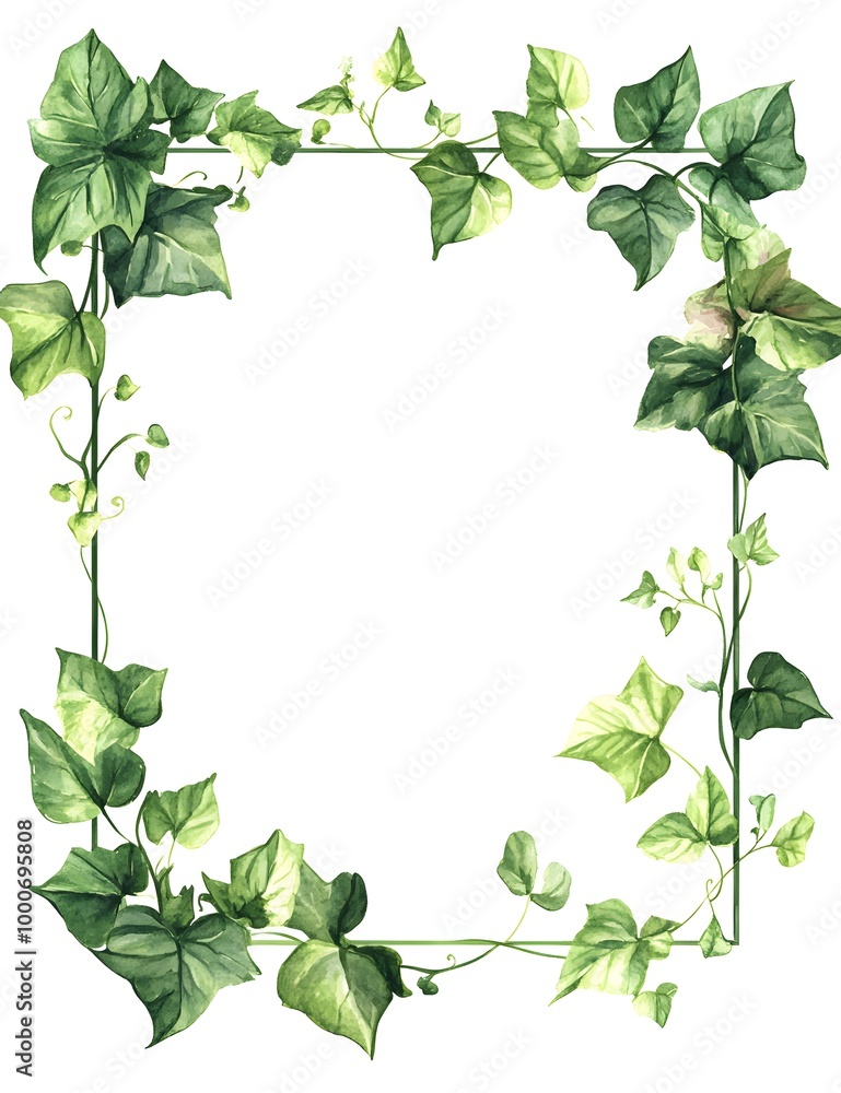 Fototapeta premium Watercolor square frame with a white background, light green leaves and flowers, vector illustration, white isolated background,