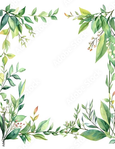Watercolor square frame with a white background, light green leaves and flowers around the edges,