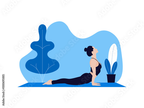 Young beautiful flexible girl doing yoga with cobra pose vector illustration.