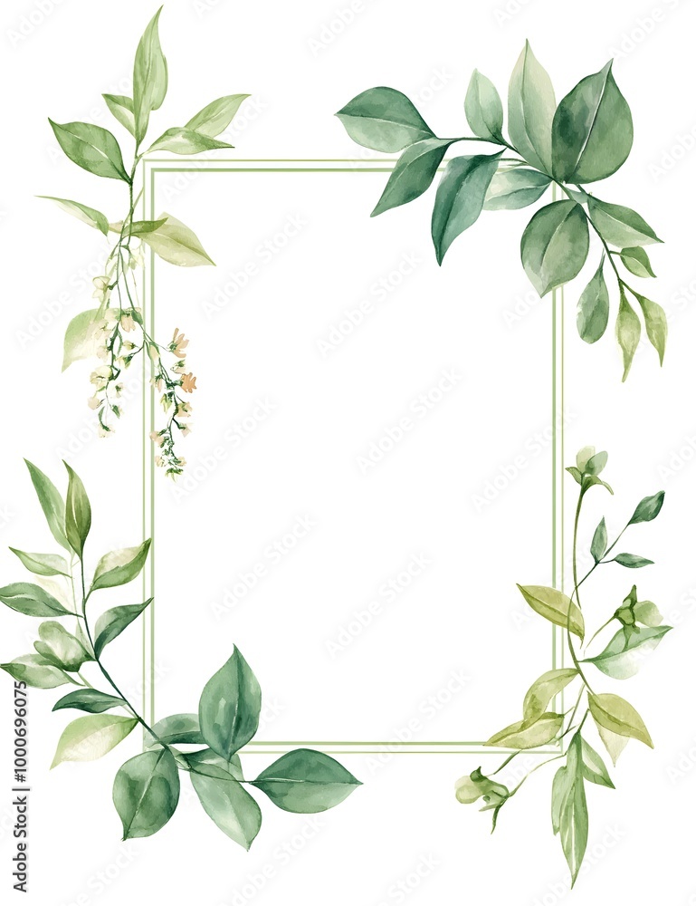 Naklejka premium Watercolor square frame with a white background, light green leaves and flowers around the edges,