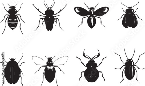set of silhouettes of insects on white background