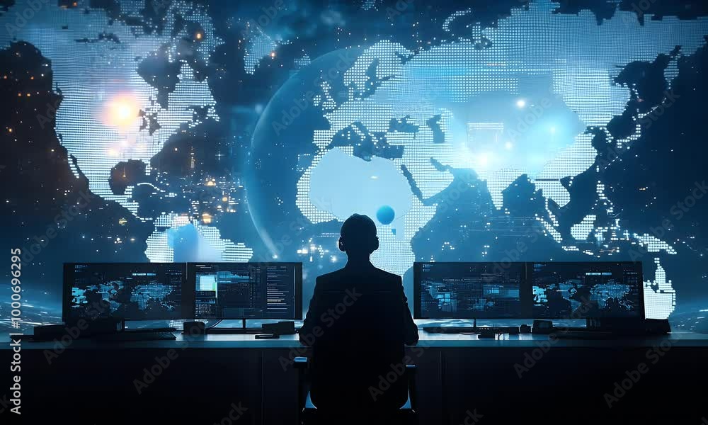 Silhouette of a cybersecurity analyst monitoring global networks in a high-tech control room. 4K video showcasing data surveillance, AI, and digital security systems in a connected world. Silhouette of a cybersecurity analyst monitoring global networks in a high-tech control room. 4K video showcasing data surveillance, AI, and digital security systems in a connected world.