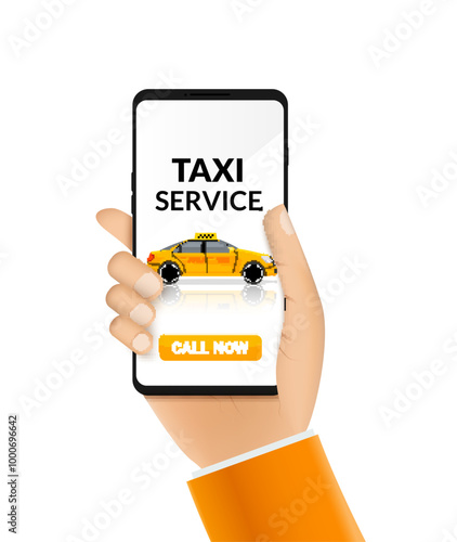 Taxi service app design. Mobile phone order taxi app illustration service driver yellow car