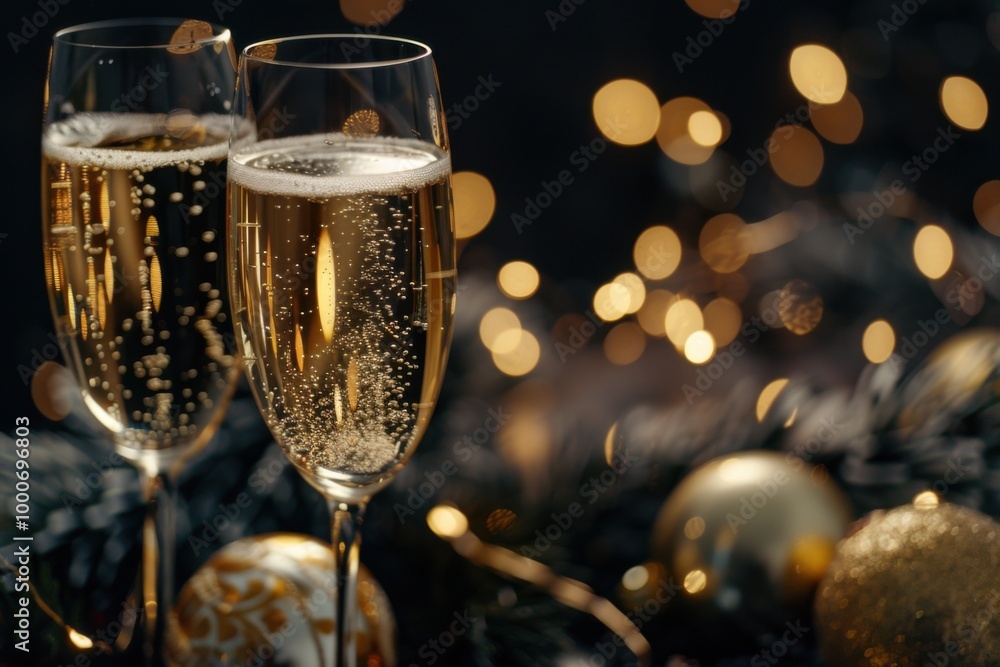 Close-up of glasses of champagne with bubbles, festive New Year decorations, dark background, copyspace Close-up of glasses of champagne with bubbles, festive New Year decorations, dark background, copyspace