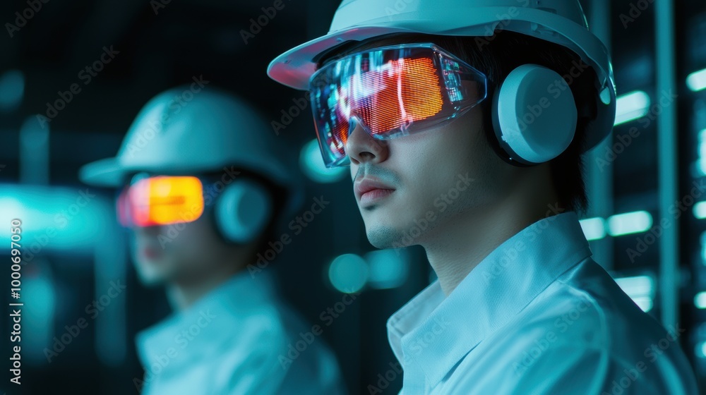 Innovative engineers wearing futuristic helmets and glasses, focused on advanced technology in high tech environment. Their expressions reflect determination and curiosity. Innovative engineers wearing futuristic helmets and glasses, focused on advanced technology in high tech environment. Their expressions reflect determination and curiosity.