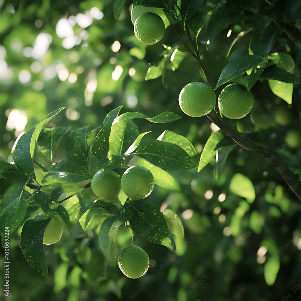 Fototapeta premium Lime fruit tree with ripe and green leaves in sunlight.