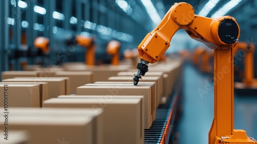 Wallpaper Mural Automated robotic arm in warehouse handling cardboard boxes, showcasing advanced technology in logistics and efficiency. scene highlights modern industrial environment.  Torontodigital.ca