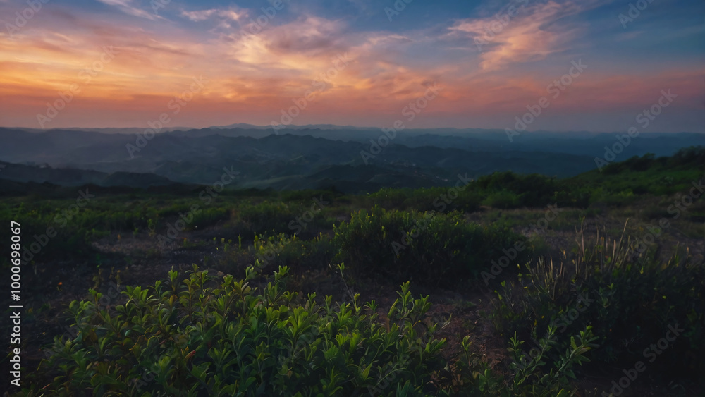 Fototapeta premium Closeup view of grassy field on hillside with colourful dusk sky with full of clouds. Beautiful nature sunset sky background.