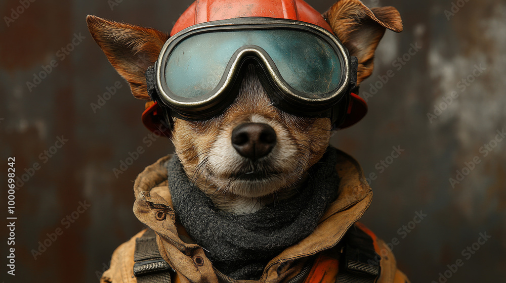 Fototapeta premium A small dog in a firefighter costume looking straight at the camera.