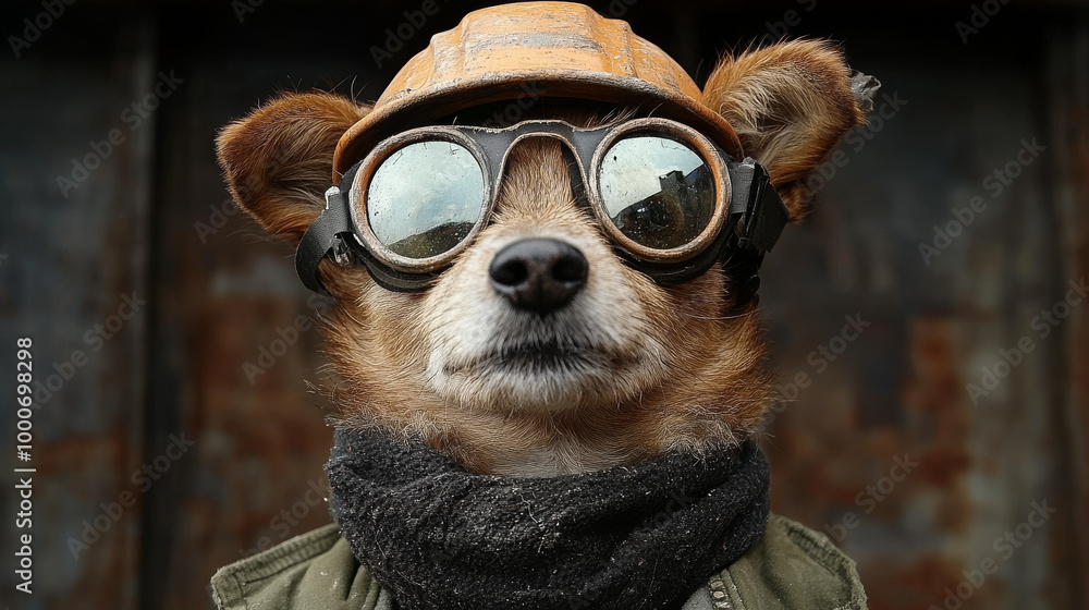 Fototapeta premium A small dog wearing a hard hat and goggles looks intensely at the camera.