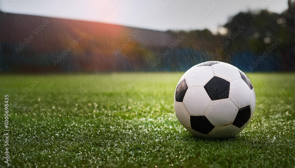 Fototapeta premium A colorful and dramatic image of a soccer ball under a stormy sky, with a beautiful sunset in the background