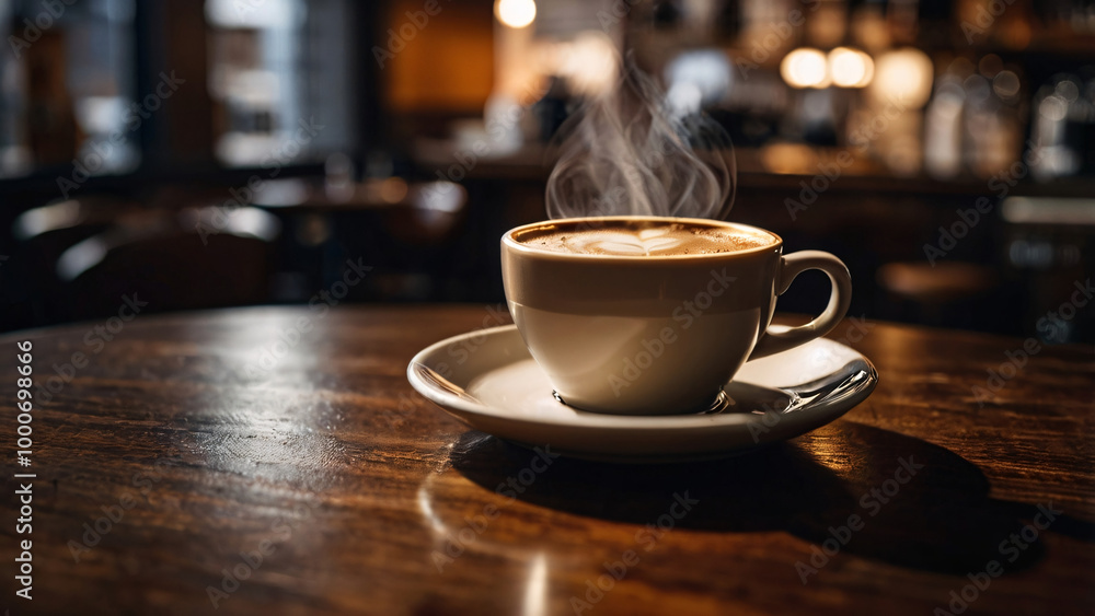 A cup of hot cafe latte with steaming on wooden cafe table under blur cafe background. A cup of hot cafe latte with steaming on wooden cafe table under blur cafe background.