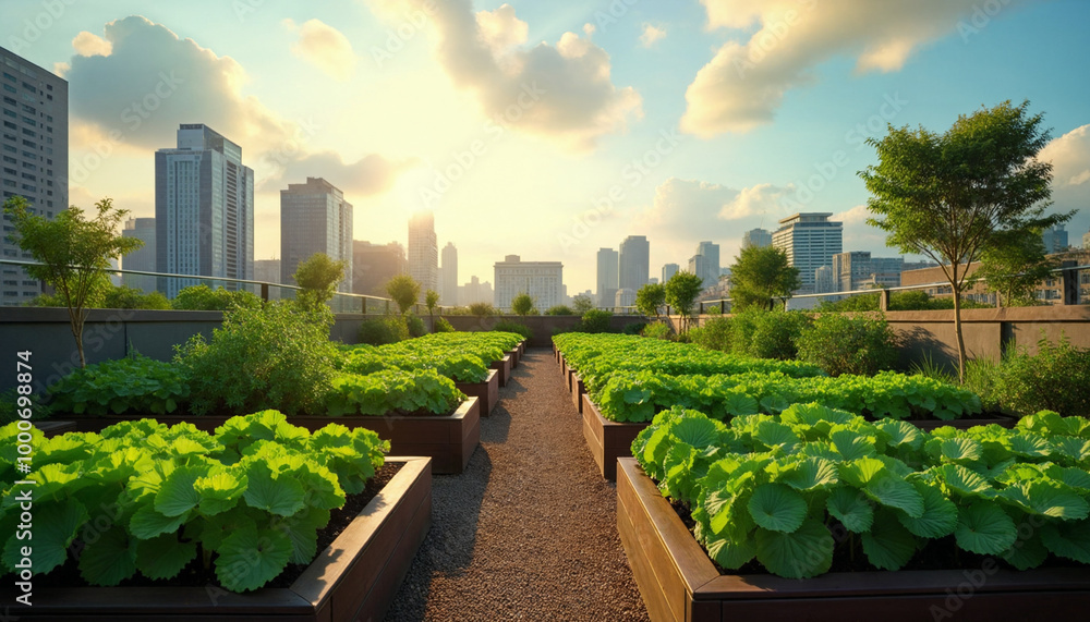 Fototapeta premium A city skyline is visible in the background of a garden filled with plants