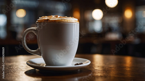 Closeup cup of hot cappuccino with cream topping on wooden table under blur cafe background. 