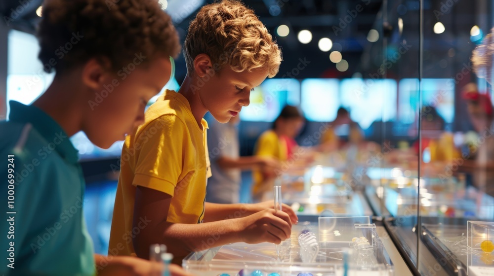 Children engaging in interactive exhibits indoors Children engaging in interactive exhibits indoors