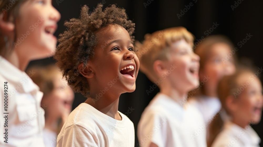 Fototapeta premium Children singing joyfully on stage in a group performance.