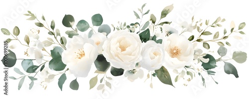 Watercolor white floral bouquet arrangement with roses, peonies, and eucalyptus leaves on an isolated background,
