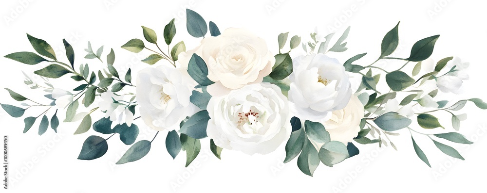 Fototapeta premium Watercolor white floral bouquet arrangement with roses, peonies, and eucalyptus leaves on an isolated background,