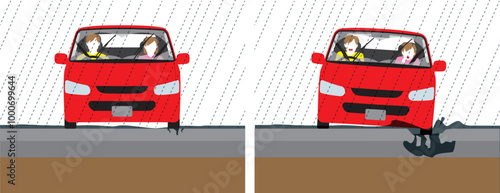 災害、豪雨。道路が陥没して乗用車のタイヤが落ちるイメージイラスト
