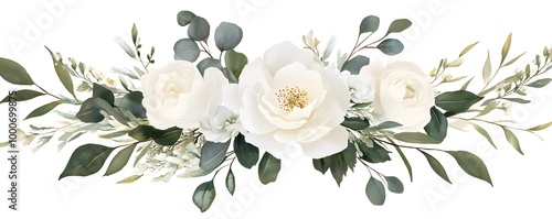 Watercolor white floral bouquet arrangement with roses, peonies, and eucalyptus leaves on an isolated background,