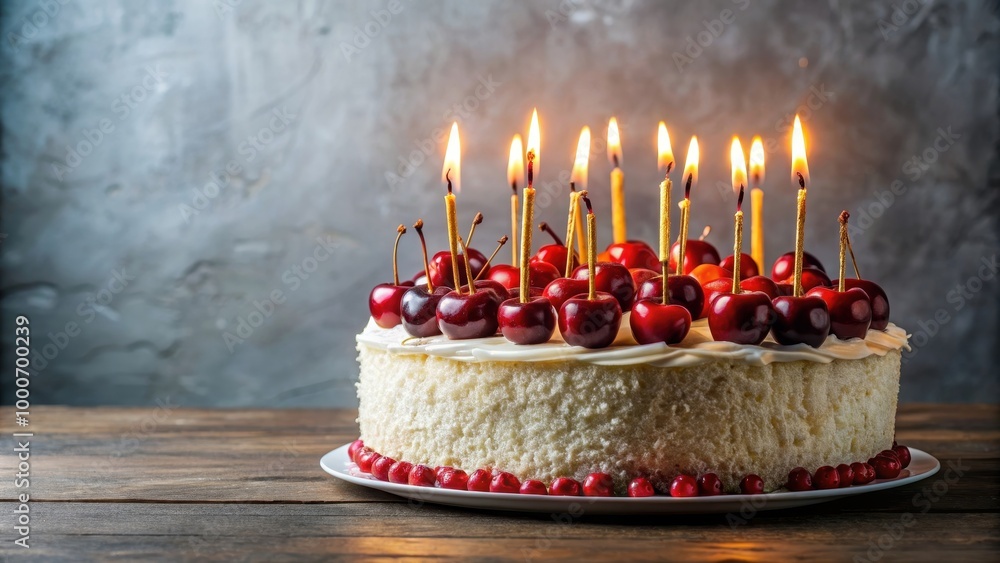 Birthday cake with cherries and candles, ready to be lit for celebration , Birthday, cake, cherries, candles, celebration Birthday cake with cherries and candles, ready to be lit for celebration , Birthday, cake, cherries, candles, celebration