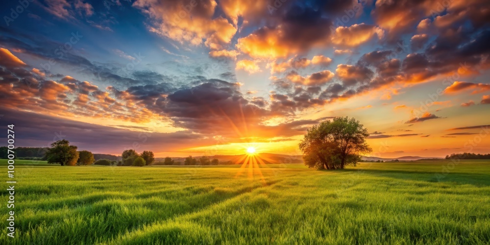 Serene sunset casting warm glow over lush grass field, serene, sunset, warm, glow, lush, field, grass, landscape, tranquil
