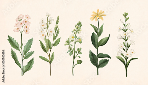 Hand-drawn vintage illustrations of different plant species, paired with soft, muted colors for a calming and artistic vibe