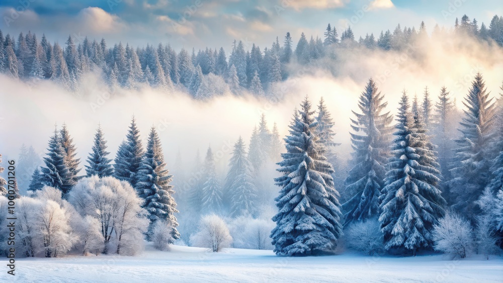 Winter forest scene with snow-covered trees in fog, capturing serene beauty of nature in winter, winter, forest, scene, snow-covered Winter forest scene with snow-covered trees in fog, capturing serene beauty of nature in winter, winter, forest, scene, snow-covered