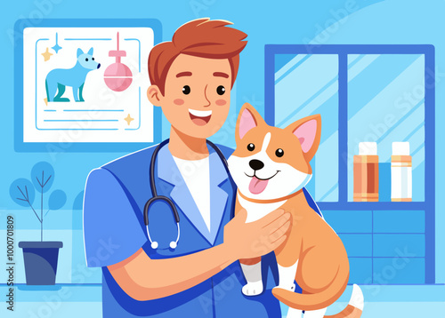  A happy male veterinarian in a blue uniform, smiling while embracing and playing with a Pembroke Welsh Corgi in a bright and modern clinic. The vet is wearing a stethoscope around his neck, the dog 