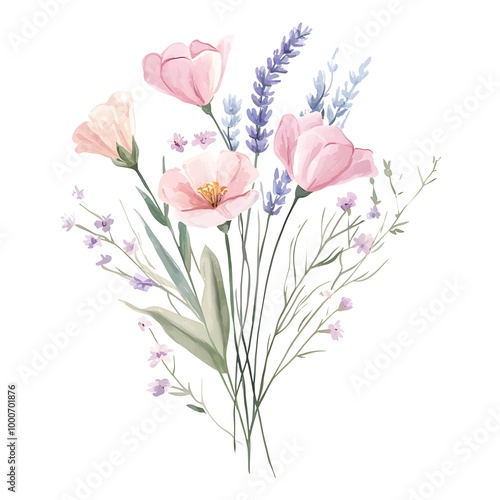 Watercolor wildflower bouquet, illustration with a white background, soft pink and lavender colors,