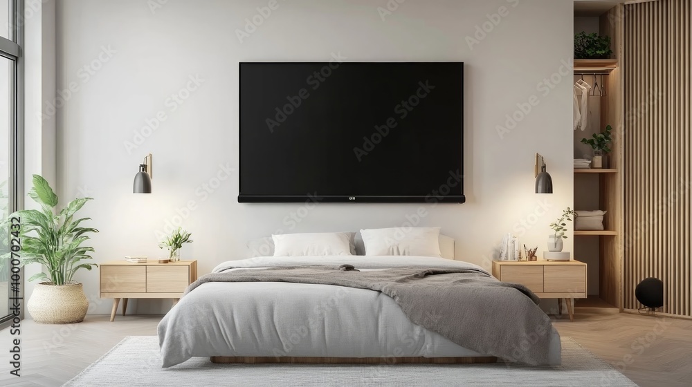 TV set with black screen hanging on wall over cabinet near soft bed in light bedroom with closet TV set with black screen hanging on wall over cabinet near soft bed in light bedroom with closet