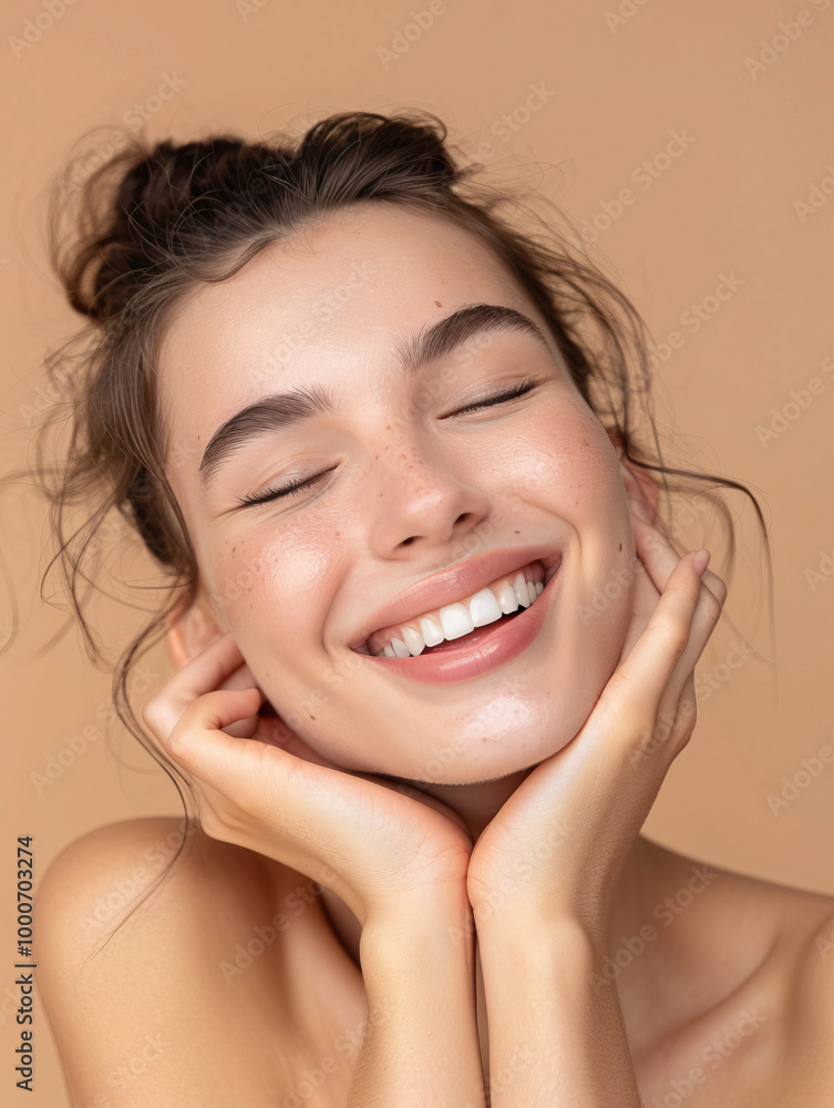 Portrait of smiling woman. Concept of skin care, beauty, happiness. Beige background. Portrait of smiling woman. Concept of skin care, beauty, happiness. Beige background.