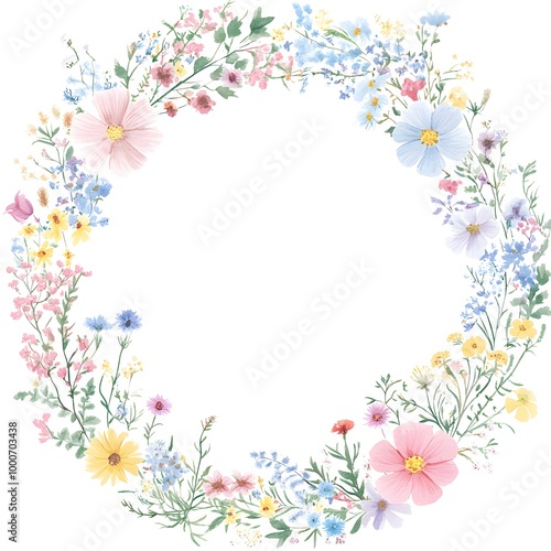 Watercolor wildflower wreath, clipart, white background, white space, clean lines, red and dark beige