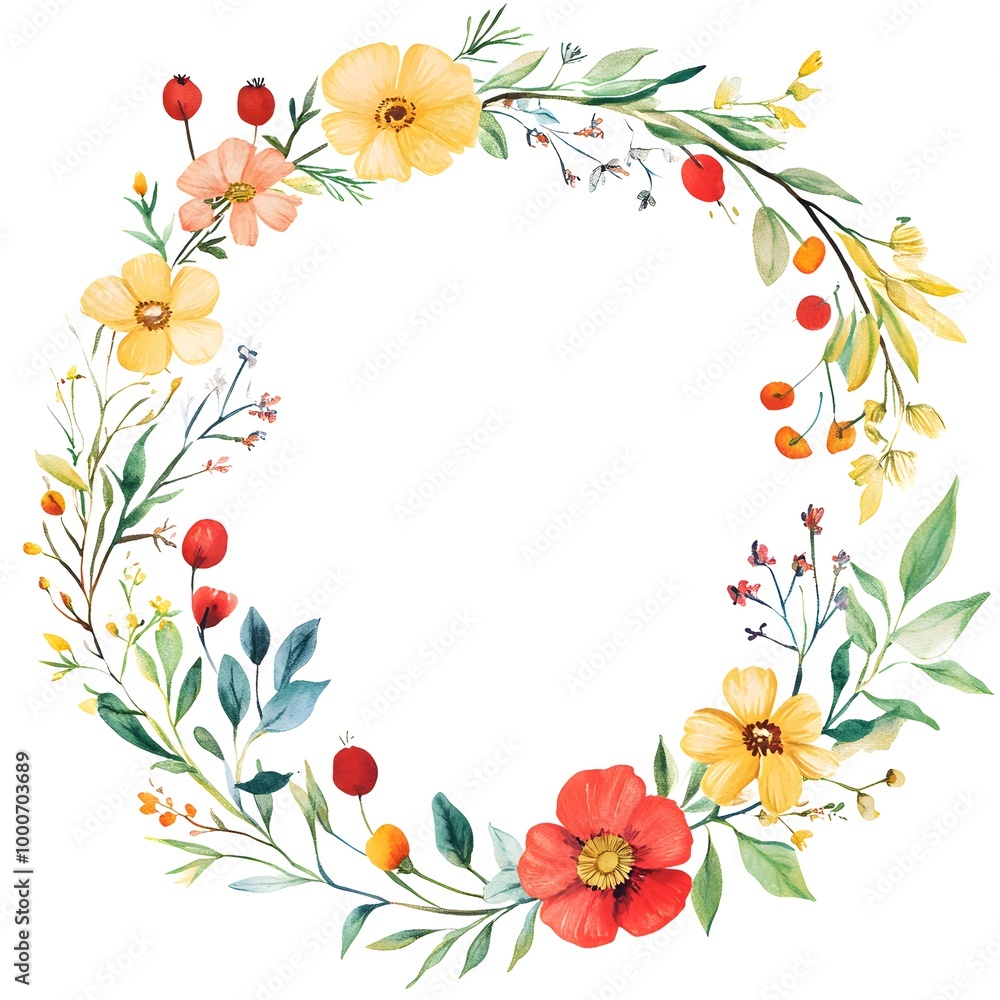 Fototapeta premium Watercolor wildflower wreath, clipart, white background, white space, clean lines, red and dark beige