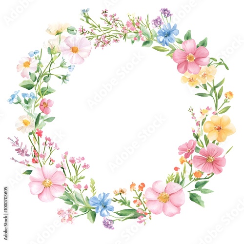 Watercolor wildflower wreath, clipart, white background, white space, clean lines, red and dark beige