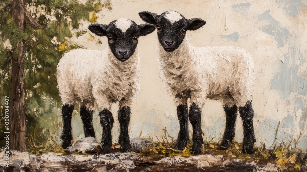 Fototapeta premium Valais Blacknose twin ram lambs