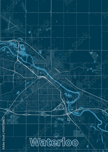 A detailed map of Waterloo, featuring a network of roads, streets, and highways. The map is rendered in a minimalist style with white lines on a dark blue background.