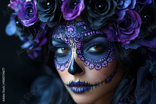 Close-up portrait of a woman with intricate sugar skull makeup, perfect for Day of the Dead celebrations, Halloween events, and cultural design projects.