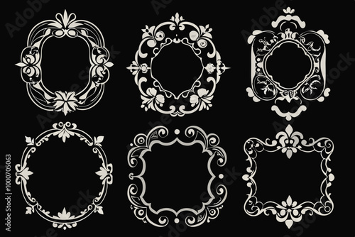 A Set of 6 decorative frame graphic design elements. silhouette black vector art illustration photo