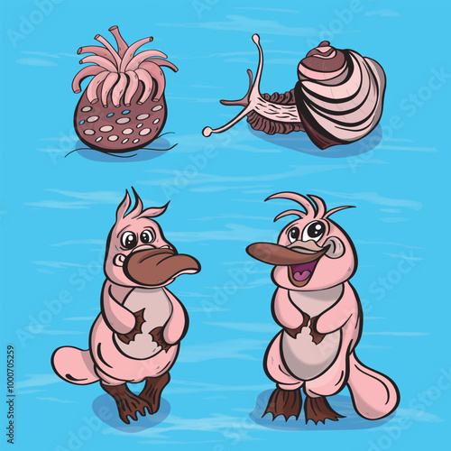 Vector illustration characters sea inhabitants platypus and mollusks with algae on a textured background