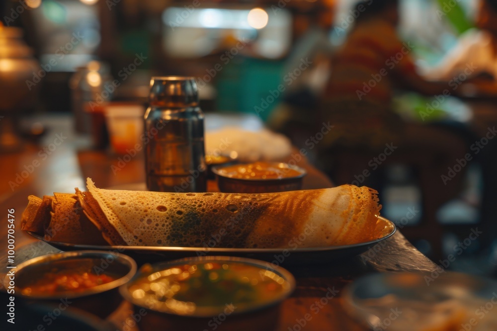 Crispy dosa served with chutney in a South Indian restaurant for an authentic dining experience Crispy dosa served with chutney in a South Indian restaurant for an authentic dining experience