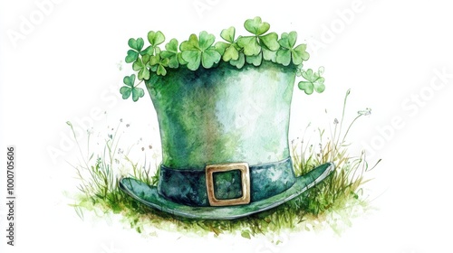 A green leprechaun hat filled with clovers sitting in a grassy field on a sunny day, celebrating St. Patrick's Day photo