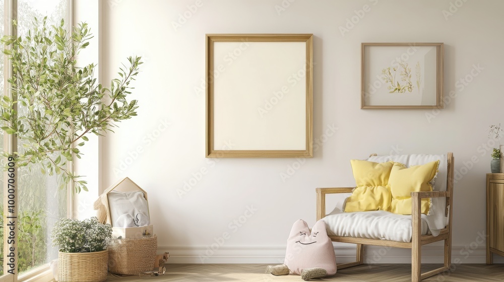 Mock-up frame in a children's room with pastel accents and simple natural wooden furniture, 3D render Mock-up frame in a children's room with pastel accents and simple natural wooden furniture, 3D render