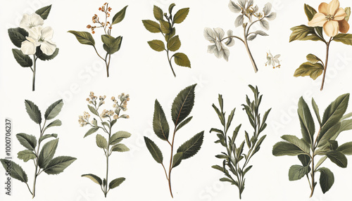 Hand-drawn vintage illustrations of different plant species, paired with soft, muted colors for a calming and artistic vibe