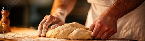 Baker kneading dough on a wooden surface with flour.