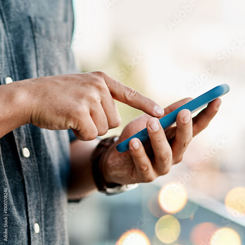 Hands, man and texting on smartphone with browsing internet or website for online news update. Closeup, male person and message with social media interaction, networking and email communication